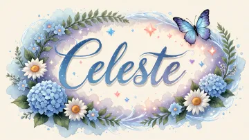 Celeste horizontal diseño 4 - Composición magica con nombre en letra cursiva azul, rodeado de hortensias azules, margaritas blancas y delicadas flores silvestres, enmarcado por suaves remolinos de agua, mariposas azules y destellos estelares sobre un fondo etéreo y romántico.