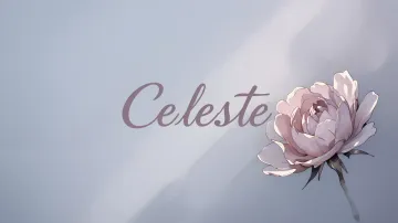 Celeste horizontal diseño 5 - Nombre en elegante tipografía cursiva caligráfica en tono lavanda, sobre fondo acuarela de cielo nublado en tonos pastel (azul, blanco, lavanda), decorado con rosa en acuarela de pétalos rosa pálido, blanco crema y lilas suaves con hojas en gris-verde.