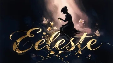 Celeste horizontal diseño 6 - Composición de ilustración semirrealista cinematográfica con silueta femenina tejiendo un hilo dorado de luz sobre un suelo oscuro fracturado al estilo Kintsugi, donde el nombre resalta en un prominente guión caligráfico dorado que emerge de las grietas, rodeado de flores blancas, mariposas y un fondo degradado de azules profundos iluminado por una luz celestial en tonos melocotón y crema, con una frase de aliento en tipografía blanca en la parte inferior.