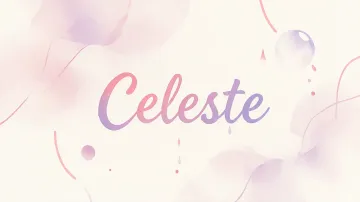 Celeste horizontal diseño 7 - Diseño abstracto en acuarela sobre fondo crema, con manchas fluidas y etéreas en rosa pastel y lila, líneas curvas que aportan movimiento, pequeñas gotas salpicadas cayendo verticalmente y una burbuja translúcida en la parte superior izquierda. El nombre resalta al centro con una tipografía cursiva amplia y elegante en degradado rosa a morado.