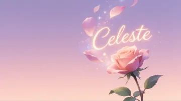 Celeste horizontal diseño 8 - Fondo de Pantalla con degradado suave que transiciona de lila en la parte superior a melocotón y rosa pastel en la base, destacando una rosa rosada hiperrealista con tallo y hojas verdes. El nombre brilla en tipografía cursiva con efecto neón cálido, adornado con pétalos cayendo y chispas de luz mágica.