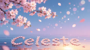 Celeste horizontal diseño 9 - Composición serena y onírica con ramas de cerezo en flor (sakura) en la parte superior contra un cielo en degradado de azul suave y lila. Pétalos de color rosa pastel flotan delicadamente en el aire cayendo hacia una superficie de agua tranquila y cristalina. En el centro inferior, el nombre está formado por pétalos de flores con un sutil efecto de relieve 3D y tipografía floral, reflejándose sobre el agua que está iluminada por un cálido destello dorado de luz solar en la esquina inferior derecha.