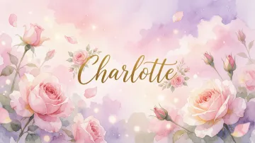 Charlotte horizontal diseño 10 - Diseño estilo acuarela con un fondo etéreo y texturizado en nubes de tonos rosa pastel y lila suave. Presenta composiciones de rosas abiertas y capullos en los bordes inferior y superior, con pétalos cayendo delicadamente. Incorpora destellos de luz cálida (efecto bokeh) y, en el centro, resalta una tipografía elegante, cursiva y fluida en color dorado.