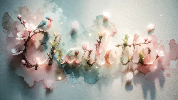 Charlotte horizontal diseño 11 - Un delicado diseño de estilo acuarela digital que combina una tipografía de caligrafía personalizada para el nombre en tonos dorados y rosados suaves, adornada con pequeñas hojas y brotes. Un pajarito azul y naranja vibrante está posado en una de las letras. Todo está rodeado por un marco circular de ramas de cerezo en flor con delicadas flores rosadas y blancas. El fondo es un lavado de acuarela difuminado en tonos pastel suaves de azul cerceta, rosa rubor y melocotón sobre una textura de papel rugoso, con destellos luminosos y motas de luz bokeh flotando alrededor, creando una atmósfera mágica y soñadora. Las sombras suaves proyectadas añaden profundidad.