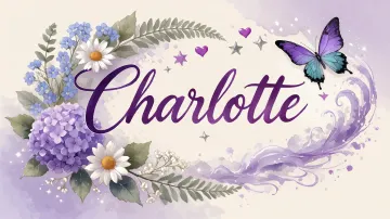 Charlotte horizontal diseño 2 - Diseño elegante de hortensias en tonos lila y morados suaves, con volutas estilizadas y una mariposa mística que aporta un toque etéreo y mágico.