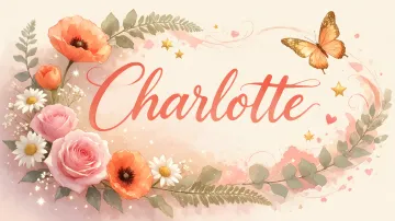 Charlotte horizontal diseño 3 - Elegante composición de rosas rosadas y amapolas naranjas con mariposas doradas brillantes sobre un fondo cálido, romántico y mágico.