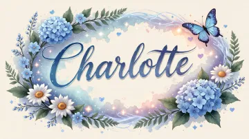 Charlotte horizontal diseño 4 - Composición magica con nombre en letra cursiva azul, rodeado de hortensias azules, margaritas blancas y delicadas flores silvestres, enmarcado por suaves remolinos de agua, mariposas azules y destellos estelares sobre un fondo etéreo y romántico.