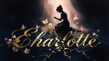 Charlotte horizontal diseño 6 - Composición de ilustración semirrealista cinematográfica con silueta femenina tejiendo un hilo dorado de luz sobre un suelo oscuro fracturado al estilo Kintsugi, donde el nombre resalta en un prominente guión caligráfico dorado que emerge de las grietas, rodeado de flores blancas, mariposas y un fondo degradado de azules profundos iluminado por una luz celestial en tonos melocotón y crema, con una frase de aliento en tipografía blanca en la parte inferior.