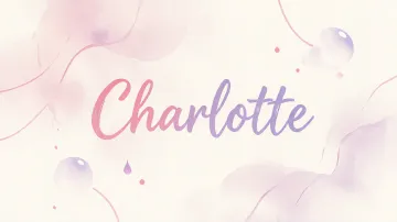 Charlotte horizontal diseño 7 - Diseño abstracto en acuarela sobre fondo crema, con manchas fluidas y etéreas en rosa pastel y lila, líneas curvas que aportan movimiento, pequeñas gotas salpicadas cayendo verticalmente y una burbuja translúcida en la parte superior izquierda. El nombre resalta al centro con una tipografía cursiva amplia y elegante en degradado rosa a morado.