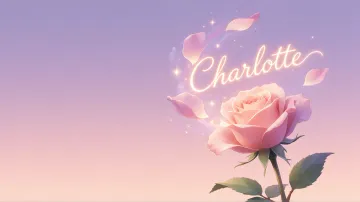 Charlotte horizontal diseño 8 - Fondo de Pantalla con degradado suave que transiciona de lila en la parte superior a melocotón y rosa pastel en la base, destacando una rosa rosada hiperrealista con tallo y hojas verdes. El nombre brilla en tipografía cursiva con efecto neón cálido, adornado con pétalos cayendo y chispas de luz mágica.