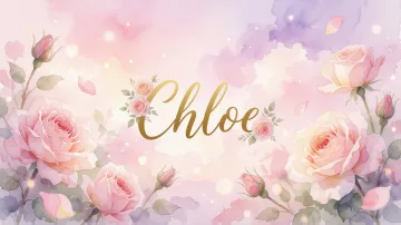 Chloe horizontal diseño 10 - Diseño estilo acuarela con un fondo etéreo y texturizado en nubes de tonos rosa pastel y lila suave. Presenta composiciones de rosas abiertas y capullos en los bordes inferior y superior, con pétalos cayendo delicadamente. Incorpora destellos de luz cálida (efecto bokeh) y, en el centro, resalta una tipografía elegante, cursiva y fluida en color dorado.