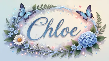 Chloe horizontal diseño 4 - Composición magica con nombre en letra cursiva azul, rodeado de hortensias azules, margaritas blancas y delicadas flores silvestres, enmarcado por suaves remolinos de agua, mariposas azules y destellos estelares sobre un fondo etéreo y romántico.