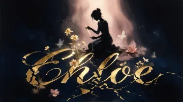 Chloe horizontal diseño 6 - Composición de ilustración semirrealista cinematográfica con silueta femenina tejiendo un hilo dorado de luz sobre un suelo oscuro fracturado al estilo Kintsugi, donde el nombre resalta en un prominente guión caligráfico dorado que emerge de las grietas, rodeado de flores blancas, mariposas y un fondo degradado de azules profundos iluminado por una luz celestial en tonos melocotón y crema, con una frase de aliento en tipografía blanca en la parte inferior.