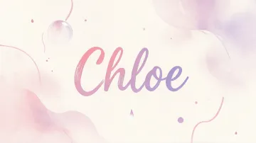 Chloe horizontal diseño 7 - Diseño abstracto en acuarela sobre fondo crema, con manchas fluidas y etéreas en rosa pastel y lila, líneas curvas que aportan movimiento, pequeñas gotas salpicadas cayendo verticalmente y una burbuja translúcida en la parte superior izquierda. El nombre resalta al centro con una tipografía cursiva amplia y elegante en degradado rosa a morado.