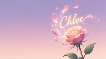 Chloe horizontal diseño 8 - Fondo de Pantalla con degradado suave que transiciona de lila en la parte superior a melocotón y rosa pastel en la base, destacando una rosa rosada hiperrealista con tallo y hojas verdes. El nombre brilla en tipografía cursiva con efecto neón cálido, adornado con pétalos cayendo y chispas de luz mágica.