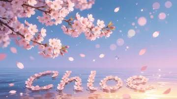 Chloe horizontal diseño 9 - Composición serena y onírica con ramas de cerezo en flor (sakura) en la parte superior contra un cielo en degradado de azul suave y lila. Pétalos de color rosa pastel flotan delicadamente en el aire cayendo hacia una superficie de agua tranquila y cristalina. En el centro inferior, el nombre está formado por pétalos de flores con un sutil efecto de relieve 3D y tipografía floral, reflejándose sobre el agua que está iluminada por un cálido destello dorado de luz solar en la esquina inferior derecha.
