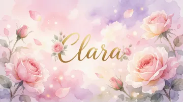 Clara horizontal diseño 10 - Diseño estilo acuarela con un fondo etéreo y texturizado en nubes de tonos rosa pastel y lila suave. Presenta composiciones de rosas abiertas y capullos en los bordes inferior y superior, con pétalos cayendo delicadamente. Incorpora destellos de luz cálida (efecto bokeh) y, en el centro, resalta una tipografía elegante, cursiva y fluida en color dorado.