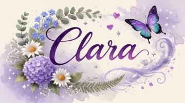 Clara horizontal diseño 2 - Diseño elegante de hortensias en tonos lila y morados suaves, con volutas estilizadas y una mariposa mística que aporta un toque etéreo y mágico.