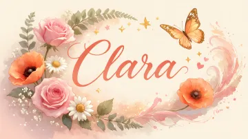 Clara horizontal diseño 3 - Elegante composición de rosas rosadas y amapolas naranjas con mariposas doradas brillantes sobre un fondo cálido, romántico y mágico.