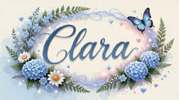 Clara horizontal diseño 4 - Composición magica con nombre en letra cursiva azul, rodeado de hortensias azules, margaritas blancas y delicadas flores silvestres, enmarcado por suaves remolinos de agua, mariposas azules y destellos estelares sobre un fondo etéreo y romántico.