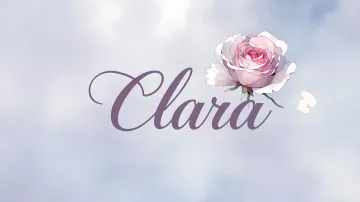 Clara horizontal diseño 5 - Nombre en elegante tipografía cursiva caligráfica en tono lavanda, sobre fondo acuarela de cielo nublado en tonos pastel (azul, blanco, lavanda), decorado con rosa en acuarela de pétalos rosa pálido, blanco crema y lilas suaves con hojas en gris-verde.
