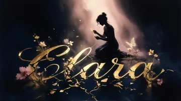 Clara horizontal diseño 6 - Composición de ilustración semirrealista cinematográfica con silueta femenina tejiendo un hilo dorado de luz sobre un suelo oscuro fracturado al estilo Kintsugi, donde el nombre resalta en un prominente guión caligráfico dorado que emerge de las grietas, rodeado de flores blancas, mariposas y un fondo degradado de azules profundos iluminado por una luz celestial en tonos melocotón y crema, con una frase de aliento en tipografía blanca en la parte inferior.