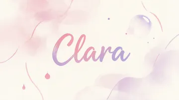 Clara horizontal diseño 7 - Diseño abstracto en acuarela sobre fondo crema, con manchas fluidas y etéreas en rosa pastel y lila, líneas curvas que aportan movimiento, pequeñas gotas salpicadas cayendo verticalmente y una burbuja translúcida en la parte superior izquierda. El nombre resalta al centro con una tipografía cursiva amplia y elegante en degradado rosa a morado.