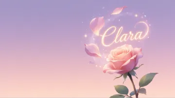 Clara horizontal diseño 8 - Fondo de Pantalla con degradado suave que transiciona de lila en la parte superior a melocotón y rosa pastel en la base, destacando una rosa rosada hiperrealista con tallo y hojas verdes. El nombre brilla en tipografía cursiva con efecto neón cálido, adornado con pétalos cayendo y chispas de luz mágica.