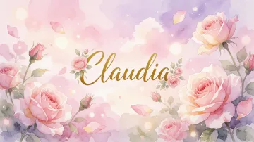 Claudia horizontal diseño 10 - Diseño estilo acuarela con un fondo etéreo y texturizado en nubes de tonos rosa pastel y lila suave. Presenta composiciones de rosas abiertas y capullos en los bordes inferior y superior, con pétalos cayendo delicadamente. Incorpora destellos de luz cálida (efecto bokeh) y, en el centro, resalta una tipografía elegante, cursiva y fluida en color dorado.