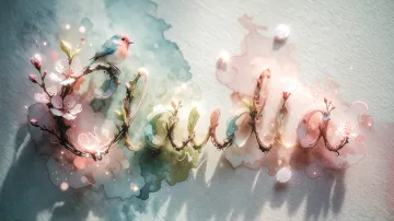 Claudia horizontal diseño 11 - Un delicado diseño de estilo acuarela digital que combina una tipografía de caligrafía personalizada para el nombre en tonos dorados y rosados suaves, adornada con pequeñas hojas y brotes. Un pajarito azul y naranja vibrante está posado en una de las letras. Todo está rodeado por un marco circular de ramas de cerezo en flor con delicadas flores rosadas y blancas. El fondo es un lavado de acuarela difuminado en tonos pastel suaves de azul cerceta, rosa rubor y melocotón sobre una textura de papel rugoso, con destellos luminosos y motas de luz bokeh flotando alrededor, creando una atmósfera mágica y soñadora. Las sombras suaves proyectadas añaden profundidad.