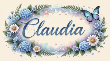 Claudia horizontal diseño 4 - Composición magica con nombre en letra cursiva azul, rodeado de hortensias azules, margaritas blancas y delicadas flores silvestres, enmarcado por suaves remolinos de agua, mariposas azules y destellos estelares sobre un fondo etéreo y romántico.