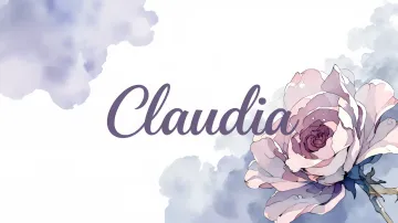Claudia horizontal diseño 5 - Nombre en elegante tipografía cursiva caligráfica en tono lavanda, sobre fondo acuarela de cielo nublado en tonos pastel (azul, blanco, lavanda), decorado con rosa en acuarela de pétalos rosa pálido, blanco crema y lilas suaves con hojas en gris-verde.