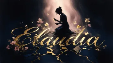 Claudia horizontal diseño 6 - Composición de ilustración semirrealista cinematográfica con silueta femenina tejiendo un hilo dorado de luz sobre un suelo oscuro fracturado al estilo Kintsugi, donde el nombre resalta en un prominente guión caligráfico dorado que emerge de las grietas, rodeado de flores blancas, mariposas y un fondo degradado de azules profundos iluminado por una luz celestial en tonos melocotón y crema, con una frase de aliento en tipografía blanca en la parte inferior.