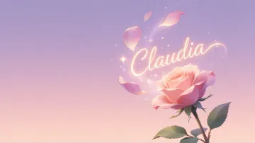 Claudia horizontal diseño 8 - Fondo de Pantalla con degradado suave que transiciona de lila en la parte superior a melocotón y rosa pastel en la base, destacando una rosa rosada hiperrealista con tallo y hojas verdes. El nombre brilla en tipografía cursiva con efecto neón cálido, adornado con pétalos cayendo y chispas de luz mágica.
