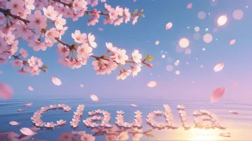 Claudia horizontal diseño 9 - Composición serena y onírica con ramas de cerezo en flor (sakura) en la parte superior contra un cielo en degradado de azul suave y lila. Pétalos de color rosa pastel flotan delicadamente en el aire cayendo hacia una superficie de agua tranquila y cristalina. En el centro inferior, el nombre está formado por pétalos de flores con un sutil efecto de relieve 3D y tipografía floral, reflejándose sobre el agua que está iluminada por un cálido destello dorado de luz solar en la esquina inferior derecha.