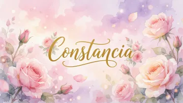 Constancia horizontal diseño 10 - Diseño estilo acuarela con un fondo etéreo y texturizado en nubes de tonos rosa pastel y lila suave. Presenta composiciones de rosas abiertas y capullos en los bordes inferior y superior, con pétalos cayendo delicadamente. Incorpora destellos de luz cálida (efecto bokeh) y, en el centro, resalta una tipografía elegante, cursiva y fluida en color dorado.