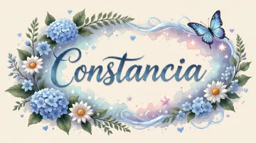 Constancia horizontal diseño 4 - Composición magica con nombre en letra cursiva azul, rodeado de hortensias azules, margaritas blancas y delicadas flores silvestres, enmarcado por suaves remolinos de agua, mariposas azules y destellos estelares sobre un fondo etéreo y romántico.