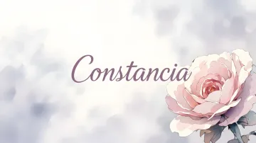 Constancia horizontal diseño 5 - Nombre en elegante tipografía cursiva caligráfica en tono lavanda, sobre fondo acuarela de cielo nublado en tonos pastel (azul, blanco, lavanda), decorado con rosa en acuarela de pétalos rosa pálido, blanco crema y lilas suaves con hojas en gris-verde.