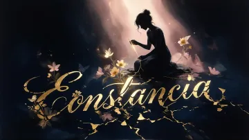 Constancia horizontal diseño 6 - Composición de ilustración semirrealista cinematográfica con silueta femenina tejiendo un hilo dorado de luz sobre un suelo oscuro fracturado al estilo Kintsugi, donde el nombre resalta en un prominente guión caligráfico dorado que emerge de las grietas, rodeado de flores blancas, mariposas y un fondo degradado de azules profundos iluminado por una luz celestial en tonos melocotón y crema, con una frase de aliento en tipografía blanca en la parte inferior.