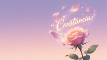 Constancia horizontal diseño 8 - Fondo de Pantalla con degradado suave que transiciona de lila en la parte superior a melocotón y rosa pastel en la base, destacando una rosa rosada hiperrealista con tallo y hojas verdes. El nombre brilla en tipografía cursiva con efecto neón cálido, adornado con pétalos cayendo y chispas de luz mágica.
