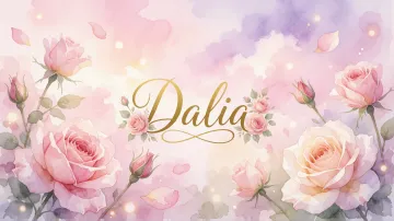 Dalia horizontal diseño 10 - Diseño estilo acuarela con un fondo etéreo y texturizado en nubes de tonos rosa pastel y lila suave. Presenta composiciones de rosas abiertas y capullos en los bordes inferior y superior, con pétalos cayendo delicadamente. Incorpora destellos de luz cálida (efecto bokeh) y, en el centro, resalta una tipografía elegante, cursiva y fluida en color dorado.