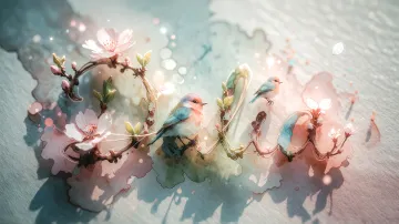 Dalia horizontal diseño 11 - Un delicado diseño de estilo acuarela digital que combina una tipografía de caligrafía personalizada para el nombre en tonos dorados y rosados suaves, adornada con pequeñas hojas y brotes. Un pajarito azul y naranja vibrante está posado en una de las letras. Todo está rodeado por un marco circular de ramas de cerezo en flor con delicadas flores rosadas y blancas. El fondo es un lavado de acuarela difuminado en tonos pastel suaves de azul cerceta, rosa rubor y melocotón sobre una textura de papel rugoso, con destellos luminosos y motas de luz bokeh flotando alrededor, creando una atmósfera mágica y soñadora. Las sombras suaves proyectadas añaden profundidad.