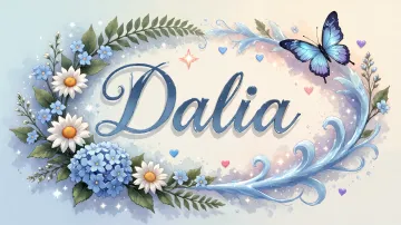 Dalia horizontal diseño 4 - Composición magica con nombre en letra cursiva azul, rodeado de hortensias azules, margaritas blancas y delicadas flores silvestres, enmarcado por suaves remolinos de agua, mariposas azules y destellos estelares sobre un fondo etéreo y romántico.