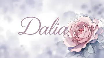 Dalia horizontal diseño 5 - Nombre en elegante tipografía cursiva caligráfica en tono lavanda, sobre fondo acuarela de cielo nublado en tonos pastel (azul, blanco, lavanda), decorado con rosa en acuarela de pétalos rosa pálido, blanco crema y lilas suaves con hojas en gris-verde.