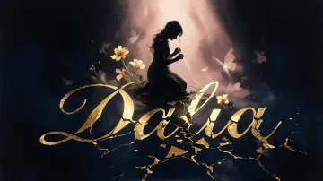 Dalia horizontal diseño 6 - Composición de ilustración semirrealista cinematográfica con silueta femenina tejiendo un hilo dorado de luz sobre un suelo oscuro fracturado al estilo Kintsugi, donde el nombre resalta en un prominente guión caligráfico dorado que emerge de las grietas, rodeado de flores blancas, mariposas y un fondo degradado de azules profundos iluminado por una luz celestial en tonos melocotón y crema, con una frase de aliento en tipografía blanca en la parte inferior.