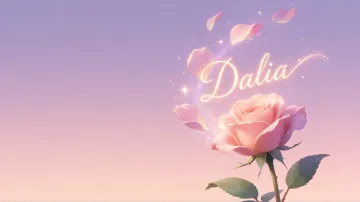 Dalia horizontal diseño 8 - Fondo de Pantalla con degradado suave que transiciona de lila en la parte superior a melocotón y rosa pastel en la base, destacando una rosa rosada hiperrealista con tallo y hojas verdes. El nombre brilla en tipografía cursiva con efecto neón cálido, adornado con pétalos cayendo y chispas de luz mágica.