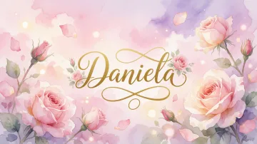 Daniela horizontal diseño 10 - Diseño estilo acuarela con un fondo etéreo y texturizado en nubes de tonos rosa pastel y lila suave. Presenta composiciones de rosas abiertas y capullos en los bordes inferior y superior, con pétalos cayendo delicadamente. Incorpora destellos de luz cálida (efecto bokeh) y, en el centro, resalta una tipografía elegante, cursiva y fluida en color dorado.