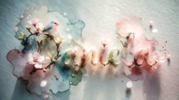 Daniela horizontal diseño 11 - Un delicado diseño de estilo acuarela digital que combina una tipografía de caligrafía personalizada para el nombre en tonos dorados y rosados suaves, adornada con pequeñas hojas y brotes. Un pajarito azul y naranja vibrante está posado en una de las letras. Todo está rodeado por un marco circular de ramas de cerezo en flor con delicadas flores rosadas y blancas. El fondo es un lavado de acuarela difuminado en tonos pastel suaves de azul cerceta, rosa rubor y melocotón sobre una textura de papel rugoso, con destellos luminosos y motas de luz bokeh flotando alrededor, creando una atmósfera mágica y soñadora. Las sombras suaves proyectadas añaden profundidad.