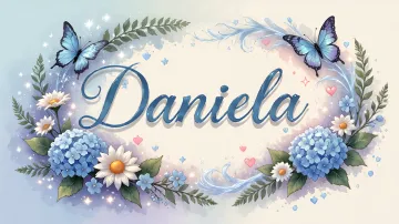 Daniela horizontal diseño 4 - Composición magica con nombre en letra cursiva azul, rodeado de hortensias azules, margaritas blancas y delicadas flores silvestres, enmarcado por suaves remolinos de agua, mariposas azules y destellos estelares sobre un fondo etéreo y romántico.