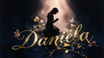 Daniela horizontal diseño 6 - Composición de ilustración semirrealista cinematográfica con silueta femenina tejiendo un hilo dorado de luz sobre un suelo oscuro fracturado al estilo Kintsugi, donde el nombre resalta en un prominente guión caligráfico dorado que emerge de las grietas, rodeado de flores blancas, mariposas y un fondo degradado de azules profundos iluminado por una luz celestial en tonos melocotón y crema, con una frase de aliento en tipografía blanca en la parte inferior.